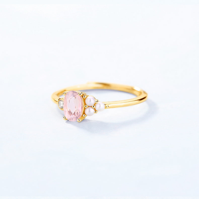 Oval Pink Crystal and Freshwater Pearl Opening Silver Ring