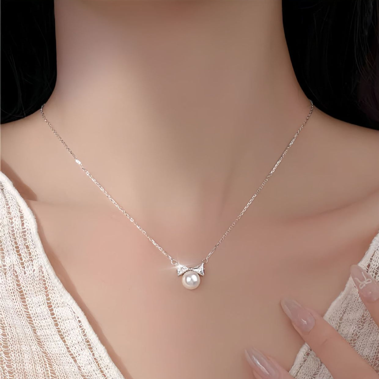S925 Sterling Silver Bow Pearl Necklace Women's Light Luxury