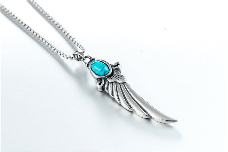 Planderful Retro Turquoise Feathered Wings Pendant Necklace Titanium Steel Unisex Protection Statement