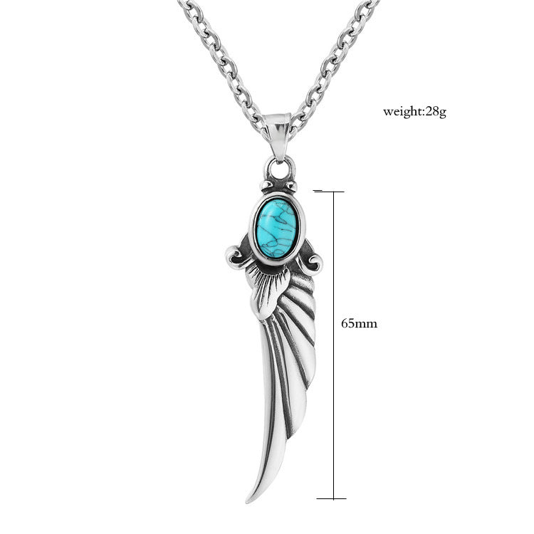 Planderful Retro Turquoise Feathered Wings Pendant Necklace Titanium Steel Unisex Protection Statement