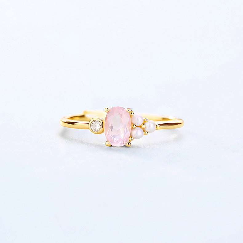 Oval Pink Crystal and Freshwater Pearl Opening Silver Ring