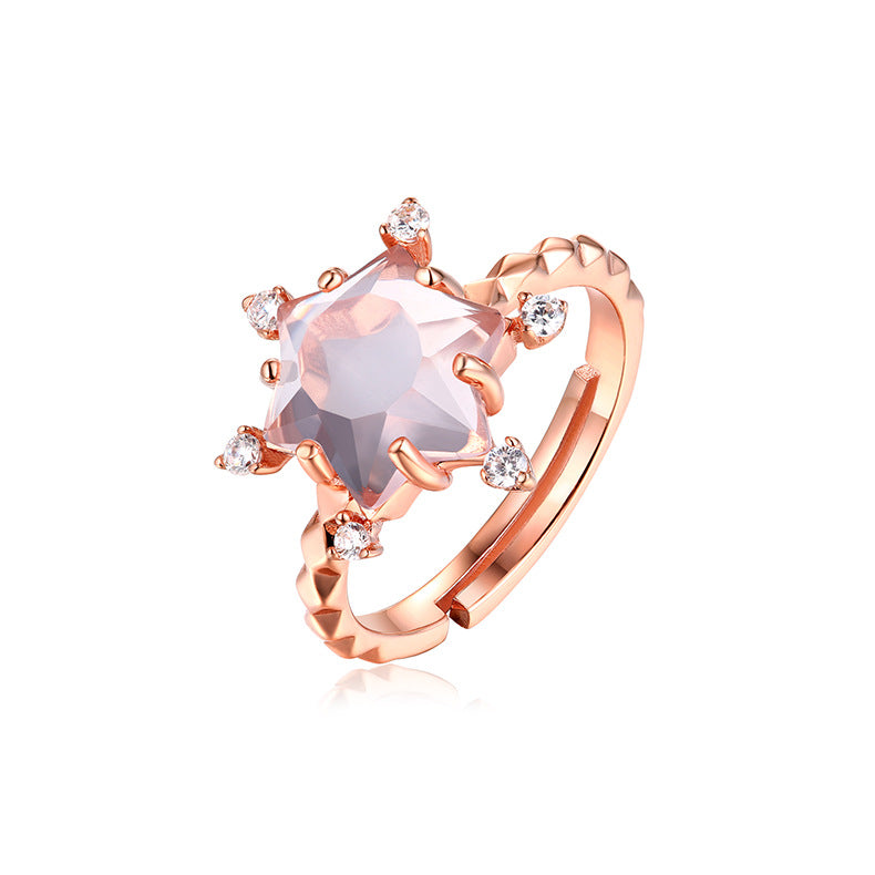 Snowflake Pink Crystal Opening Silver Ring