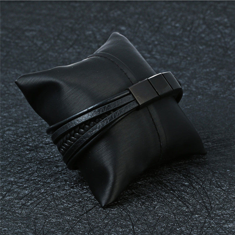 Titanium Steel Handcrafted Multi-layer Leather Bracelet for Men with Retro Magnetic Closure