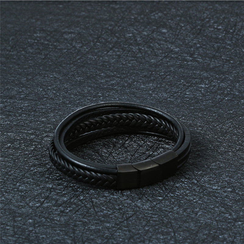 Titanium Steel Handcrafted Multi-layer Leather Bracelet for Men with Retro Magnetic Closure