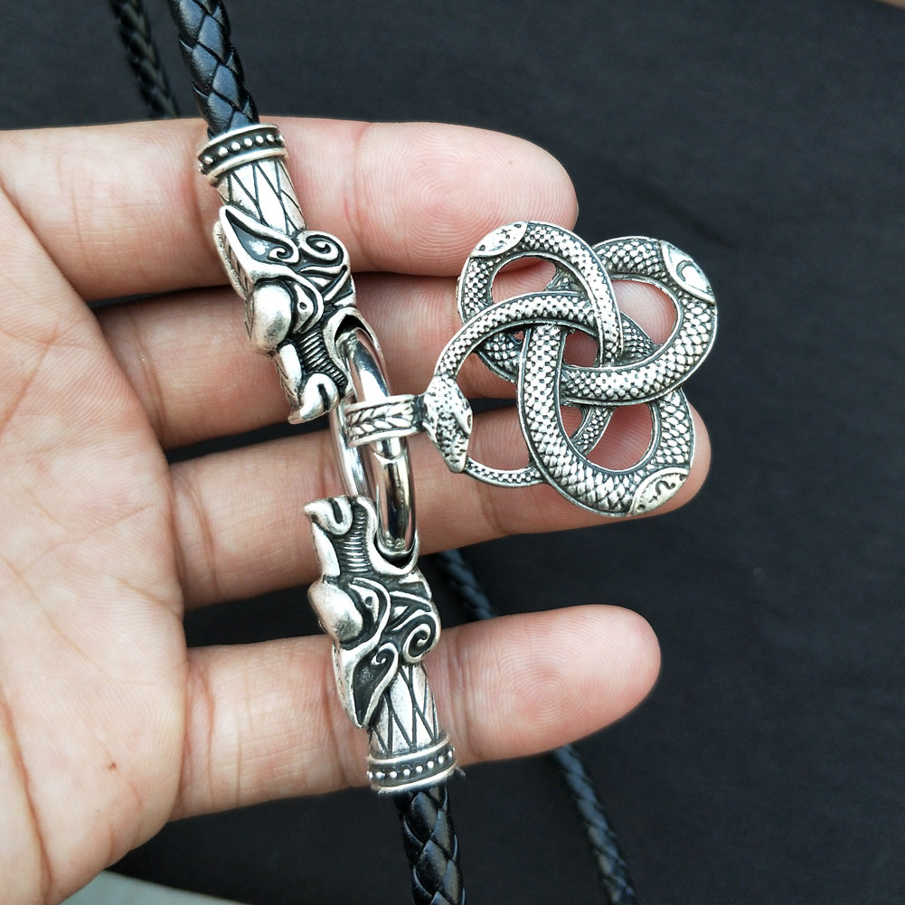 Norse Legacy Metal Viking Rune Pendant Necklace with Wolf and Snake Detail