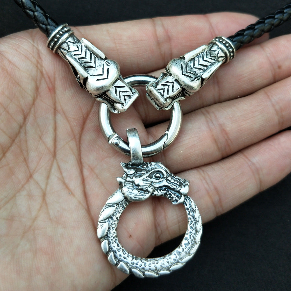Viking Dragon Pendant Necklace with Silver-Plated Knowles Design