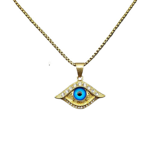 Planderful Hip Hop Jewelry Necklace Gold Plated Titanium Steel Turquoise Turkish Blue Eye Pendant With Zircon For Men
