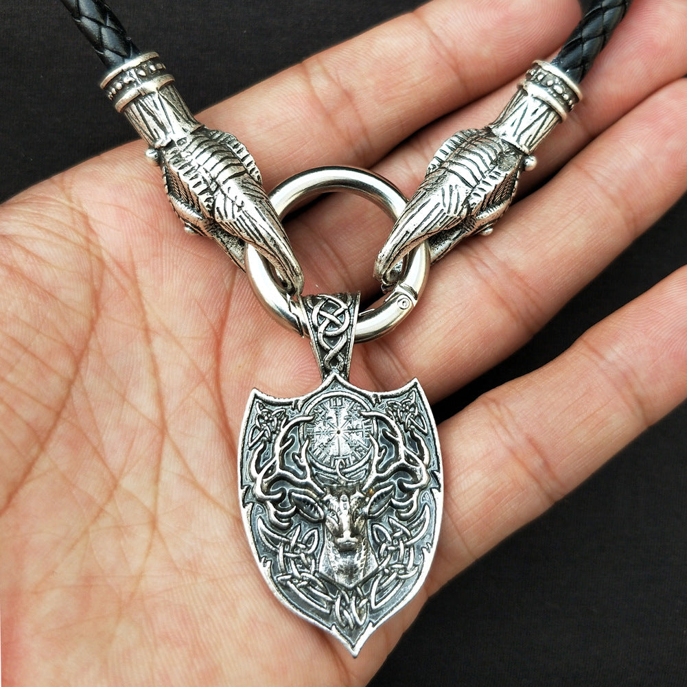 Viking Legacy Double Deer Pendant Necklace with Compass - Men's Fashion Jewelry