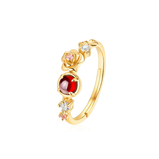 Round Red Garnet Rose Zircon Opeing Sterling Silver Ring