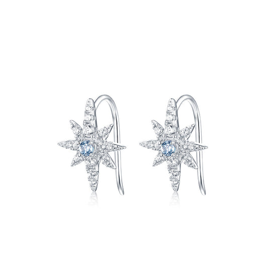 Natural Blue Topaz Octagonal Star Zircon Sterling Silver Hook Earrings