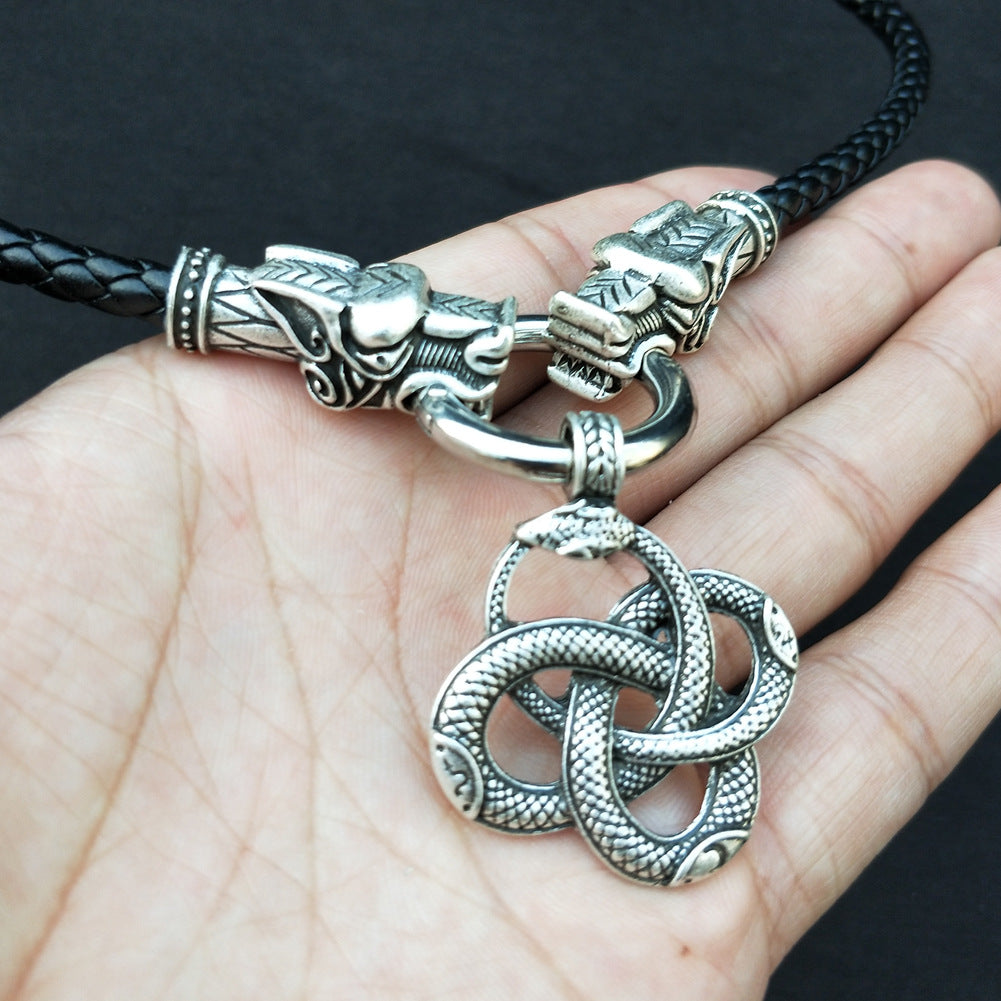 Norse Legacy Metal Viking Rune Pendant Necklace with Wolf and Snake Detail