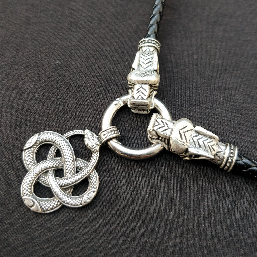 Norse Legacy Metal Viking Rune Pendant Necklace with Wolf and Snake Detail