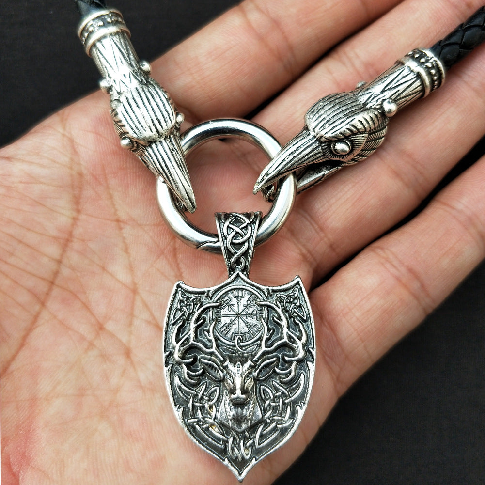 Viking Legacy Double Deer Pendant Necklace with Compass - Men's Fashion Jewelry