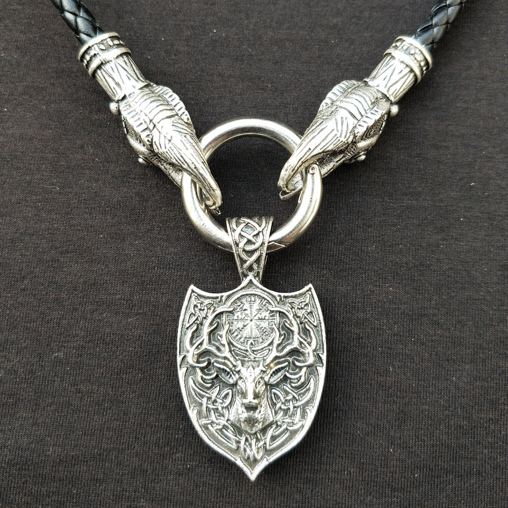 Viking Legacy Double Deer Pendant Necklace with Compass - Men's Fashion Jewelry