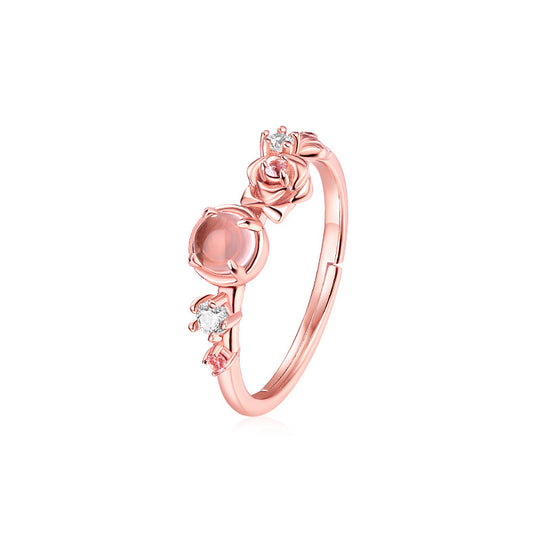 Round Shape Pink Crystal Rose Opening Silver Ring