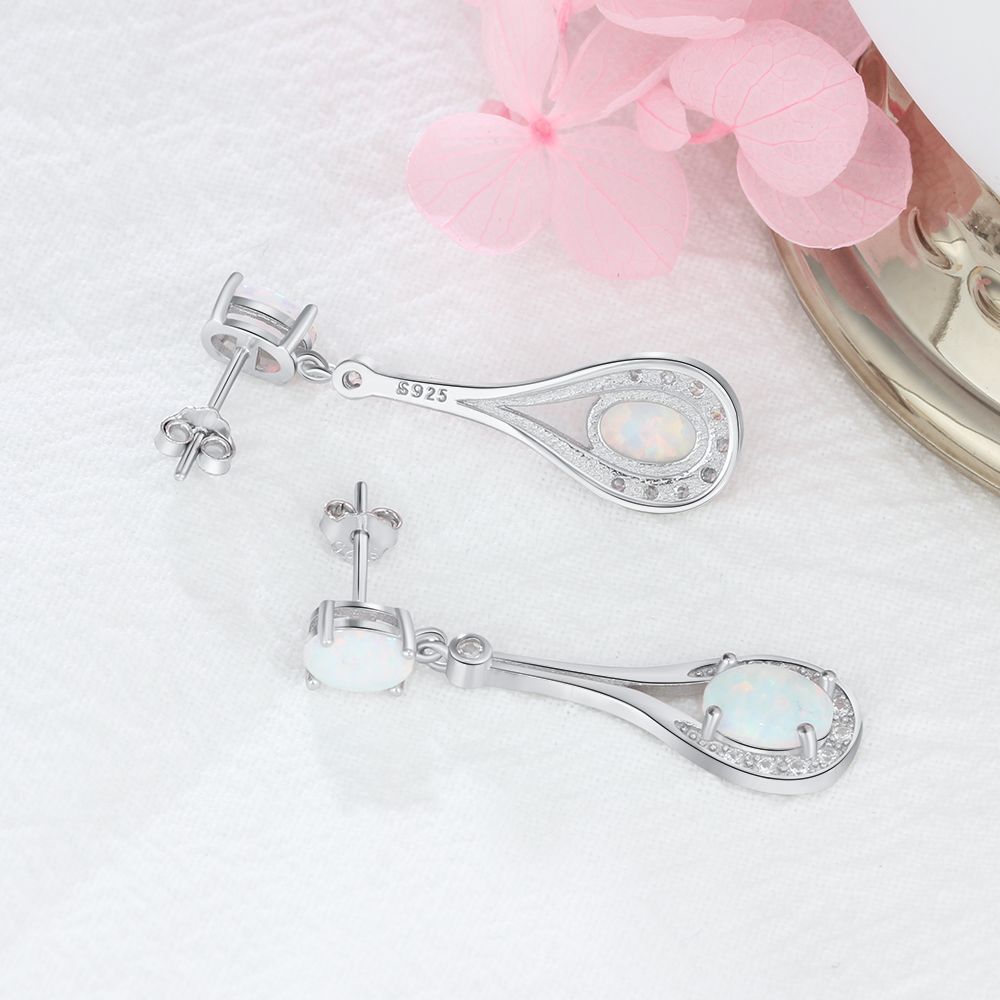 Zircon Water Droplet Pendant Double Oval Opal Sterling Silver Drop Earrings