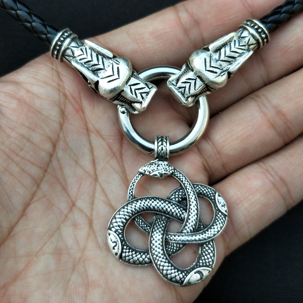 Norse Legacy Metal Viking Rune Pendant Necklace with Wolf and Snake Detail