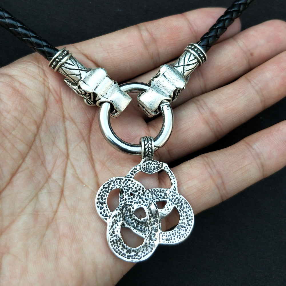 Norse Legacy Metal Viking Rune Pendant Necklace with Wolf and Snake Detail