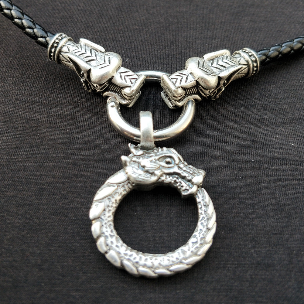 Viking Dragon Pendant Necklace with Silver-Plated Knowles Design