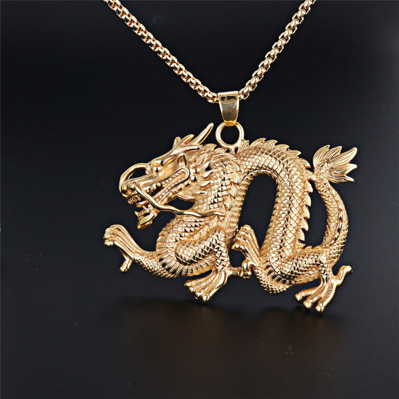 Titanium Steel Dragon Pendant Necklace for Men - Oversized Dominant Zodiac Jewelry in European and American Style