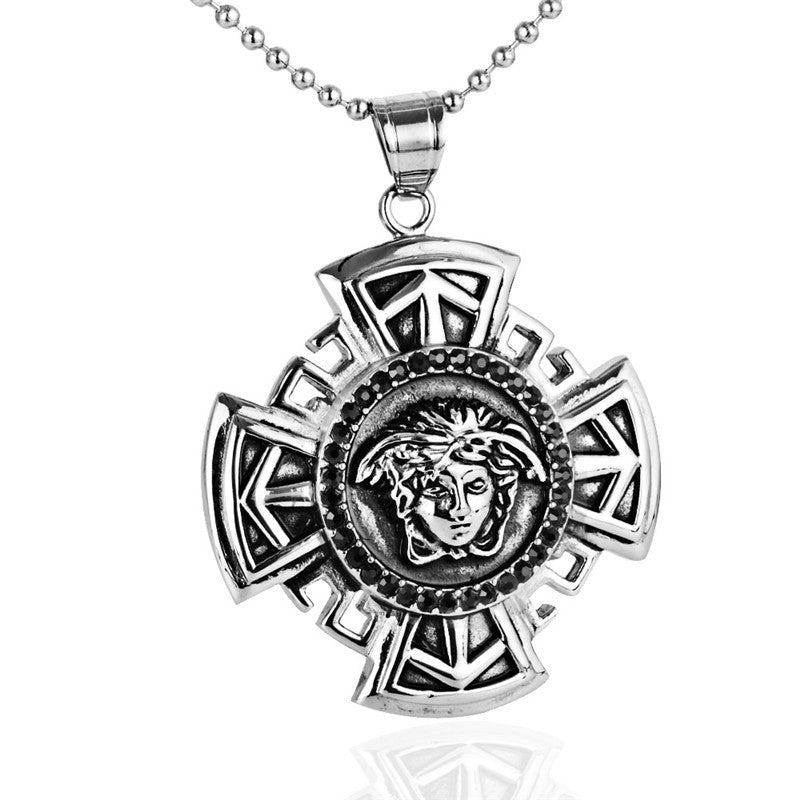 Stylish Men's Cross Pendant Necklace in Titanium Steel with Black and White Zircon