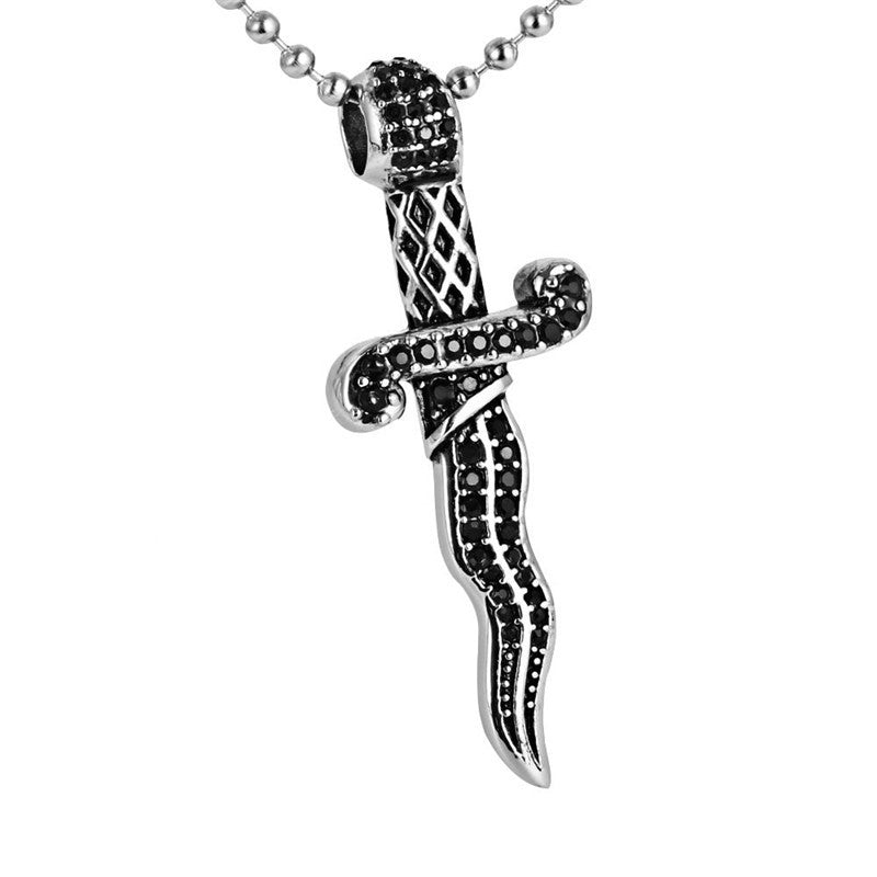 Titanium Steel Serpentine Sword Pendant Necklace for Men with Black Zircon - Punk Rock Style Large Cross Design