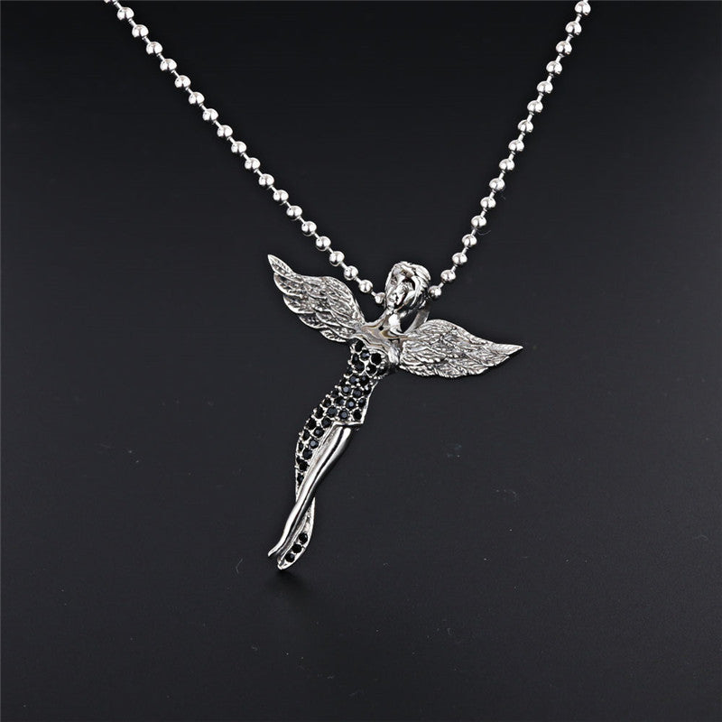 Trendy Titanium Steel Angel Pendant Necklace with Black and White Zircon - Stylish Women's Gift