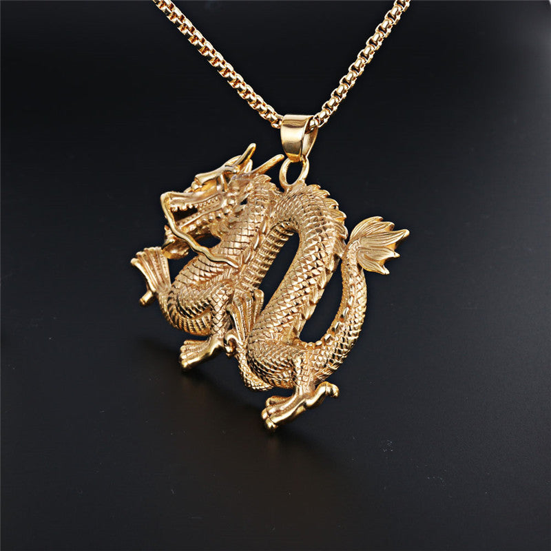 Titanium Steel Dragon Pendant Necklace for Men - Oversized Dominant Zodiac Jewelry in European and American Style