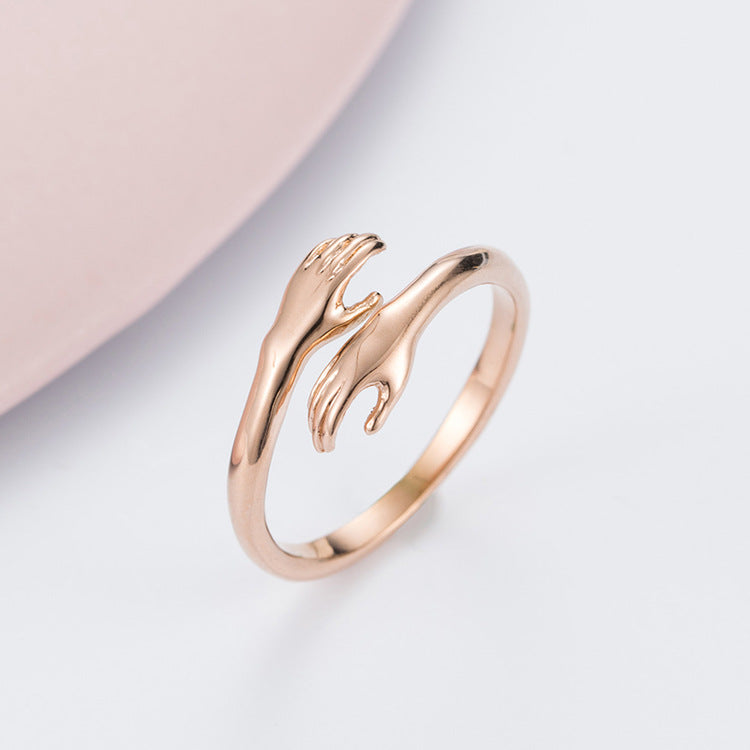 Planderful Titanium Steel Ring Unisex Retro Two Hands Embrace Geometric Design Gift Idea