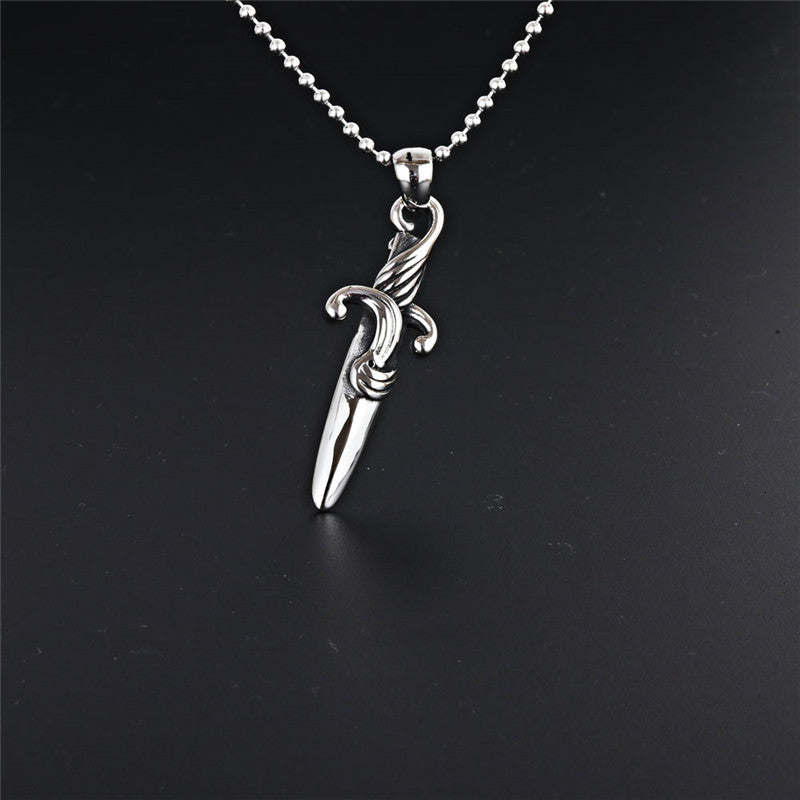 Titanium Steel Black Zircon Sword Pendant Necklace - Punk Style Stainless Steel Cross Accessory for Men