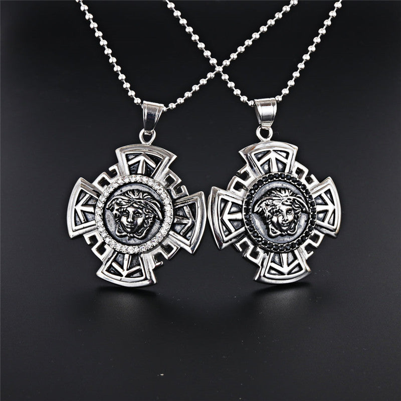 Stylish Men's Cross Pendant Necklace in Titanium Steel with Black and White Zircon