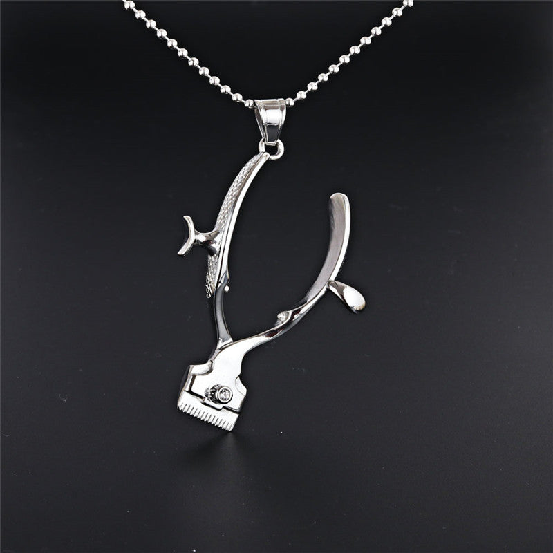 Men's Titanium Steel Scissors Pendant Necklace - Creative Haircut Shovel Design for a Stylish Look