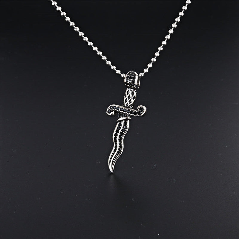 Titanium Steel Serpentine Sword Pendant Necklace for Men with Black Zircon - Punk Rock Style Large Cross Design