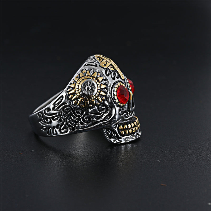 Planderful Skull Ring Titanium Steel Engraved Ghost Head Green Eye Unisex Protection For Men