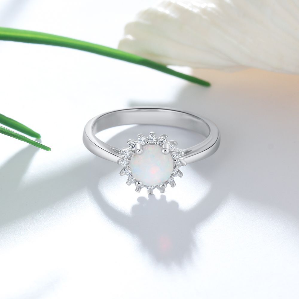 Round Opal Zircon Flower Halo Sterling Silver Ring