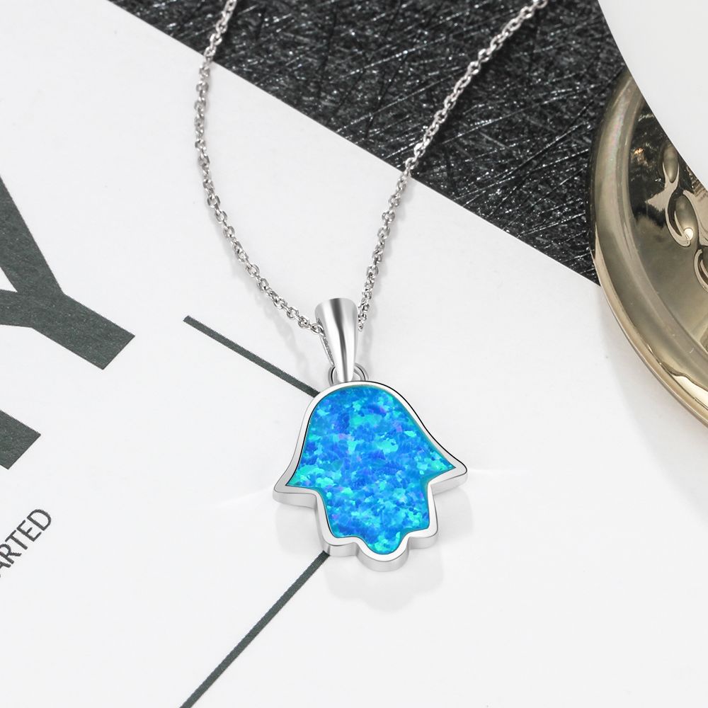 Blue Opal Palm Shape Pendant Sterling Silver Necklace