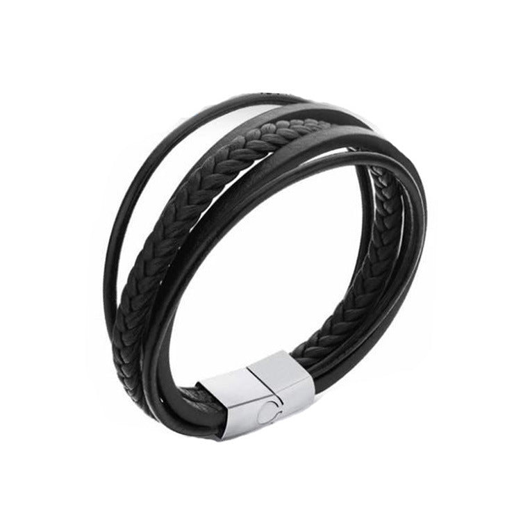 Titanium Steel Five-Ring Leather Bracelet: A Stylish Fusion of Japanese and Korean Fashion for Men