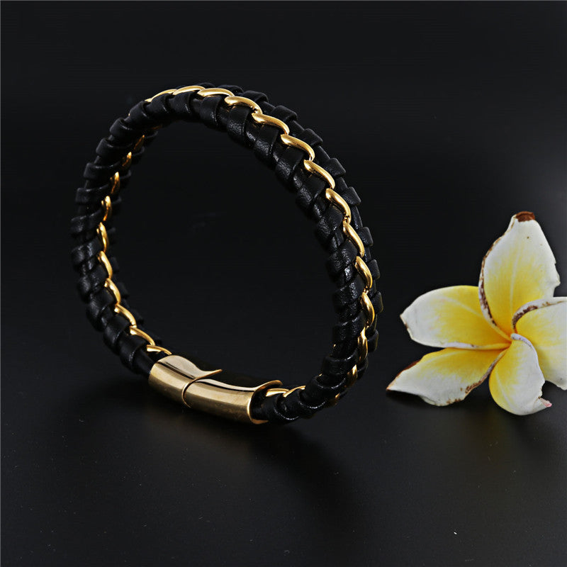 Titanium Steel Braided Leather Bracelet with Magnetic Buckle for Men - Stylish Multi-layer Design