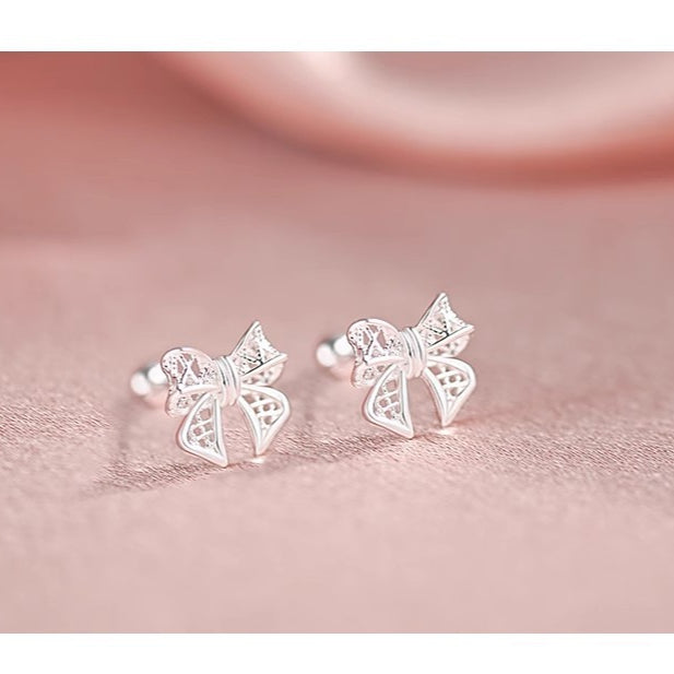 New Bow Stud Earrings Silver 999 Popular Hollow Design
