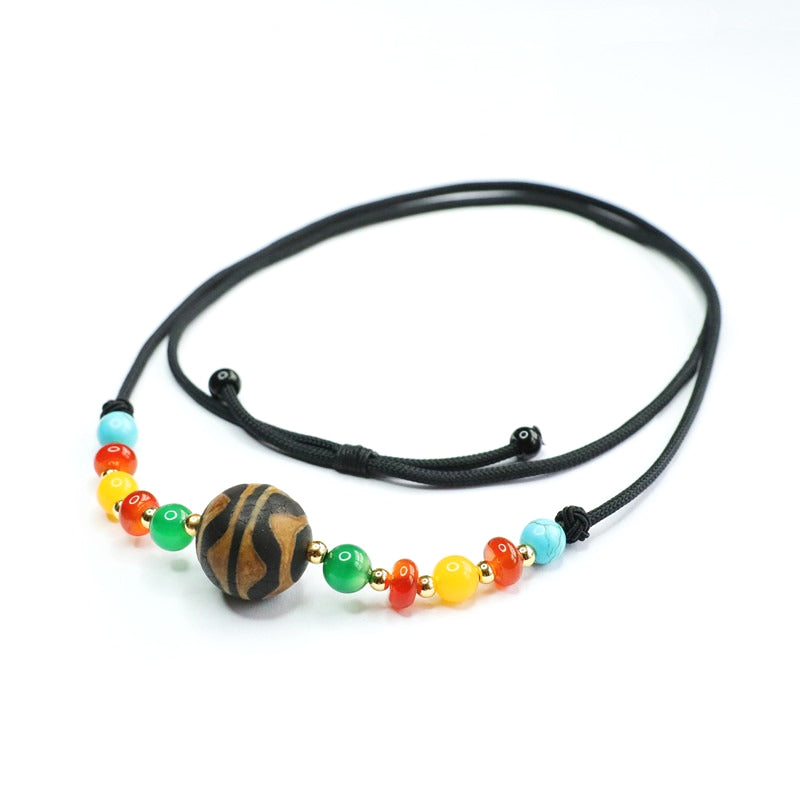 Tiger-Tooth Dzi Agate Bead Cord Pendant
