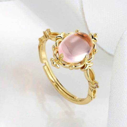 Luxury Oval Pink Crystal Opening Silver Ring