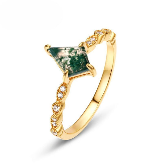 S925 Sterling Silver Gold-Plated Moss Agate Geometric Ring
