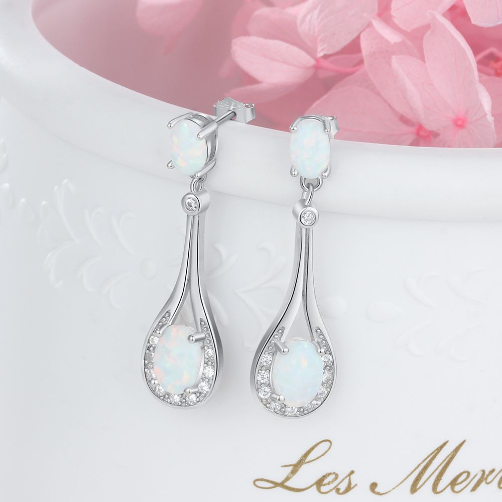 Zircon Water Droplet Pendant Double Oval Opal Sterling Silver Drop Earrings
