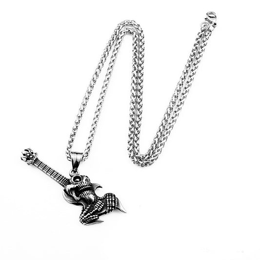 Titanium Steel Punk Skull Guitar Pendant for Men - Retro Trendy Accessory