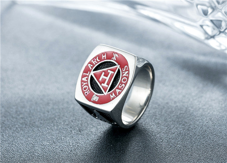 Planderful Personalized Retro Triangular Red Masonic Ring For Men And Women Titanium Steel Protection Statement