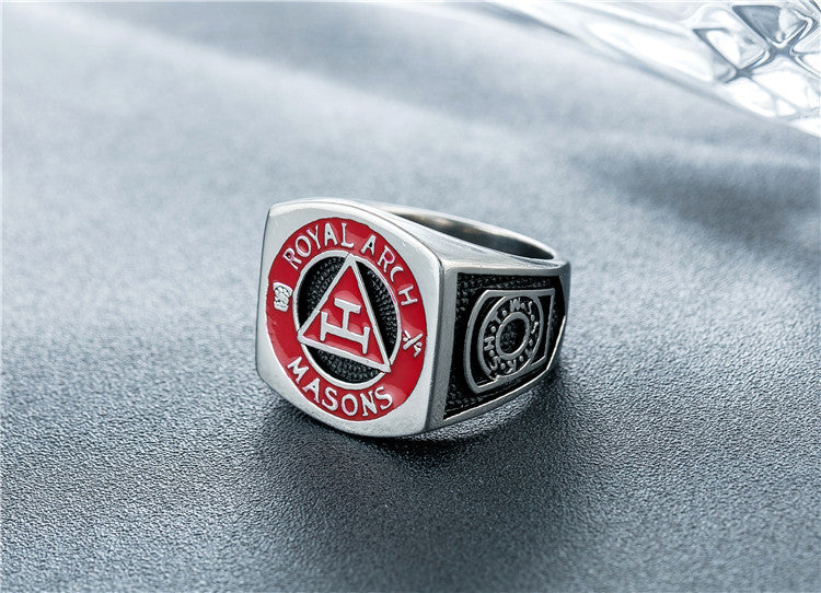 Planderful Personalized Retro Triangular Red Masonic Ring For Men And Women Titanium Steel Protection Statement