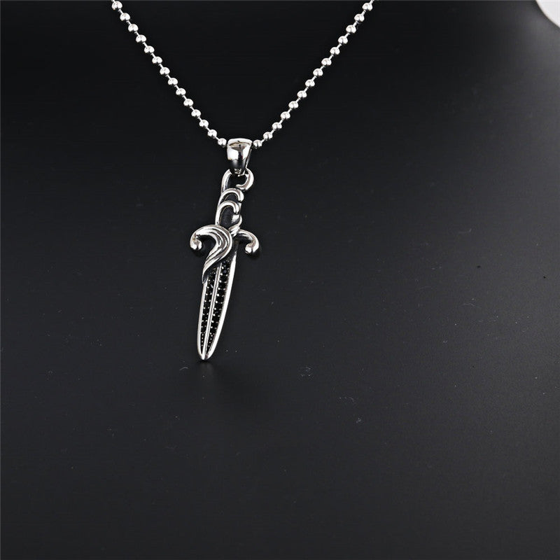 Titanium Steel Black Zircon Sword Pendant Necklace - Punk Style Stainless Steel Cross Accessory for Men