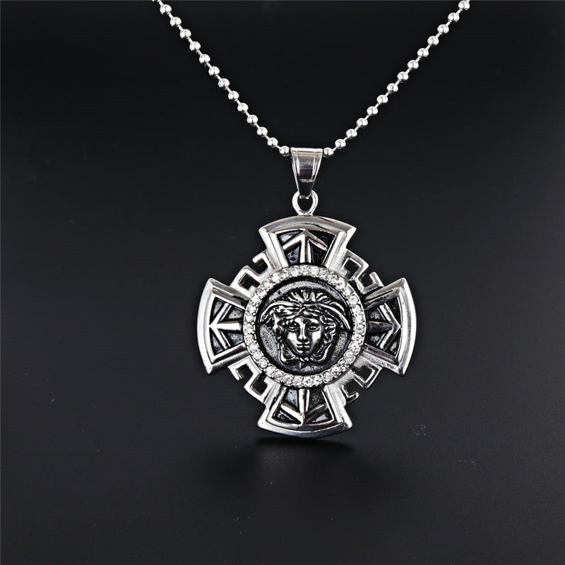 Stylish Men's Cross Pendant Necklace in Titanium Steel with Black and White Zircon
