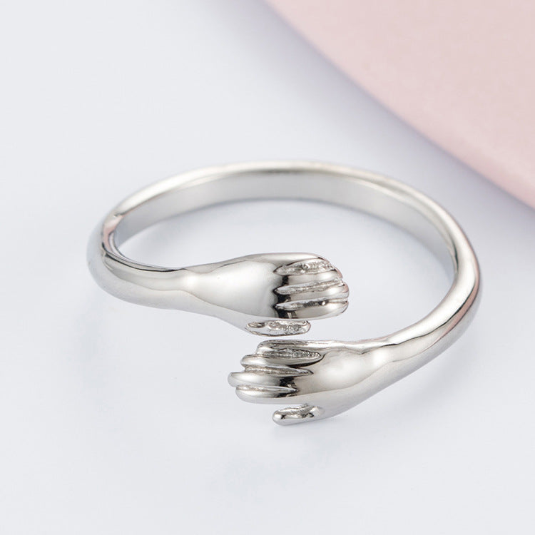 Planderful Titanium Steel Ring Unisex Retro Two Hands Embrace Geometric Design Gift Idea