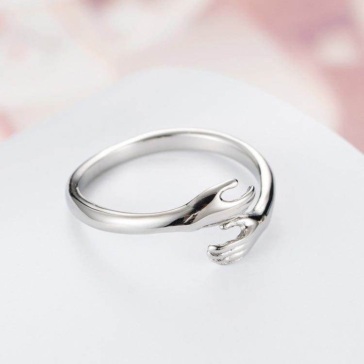 Planderful Titanium Steel Ring Unisex Retro Two Hands Embrace Geometric Design Gift Idea